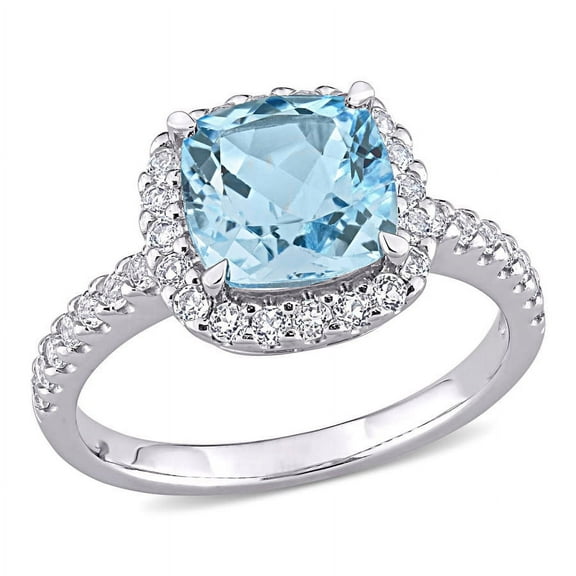 AMOUR 3 1/2 CT TGW Sky-blue Topaz and White Topaz Halo Ring In 10K White Gold