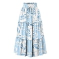 thumbnail image 2 of Women's Floral Maxi Skirt, High Waist Drawstring Tiered Pleated Skirt, Lightweight Flowy Boho Skirt for Beach, Vacation and Summer,Light Blue,L, 2 of 7