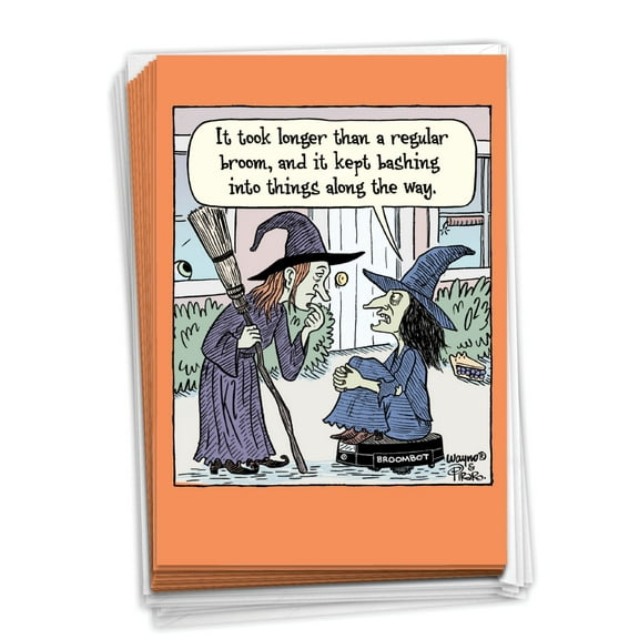 NobleWorks, Broombot - 12 Funny Halloween Cards Boxed - Bulk Set, C9474HWG-B12x1