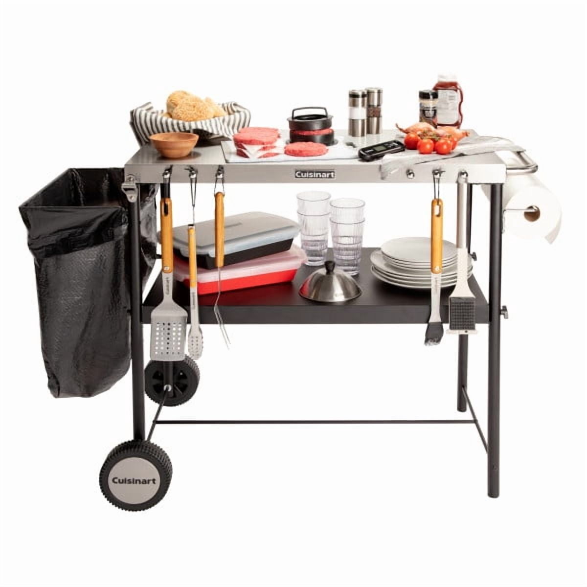 Cuisinart Outdoor BBQ Prep Cart, Stainless Steel Portable Grill Table with Wheels, Grill Cart with Adjustable Storage Shelf, Tool Hooks, Trash Bag & Paper Towel Holder