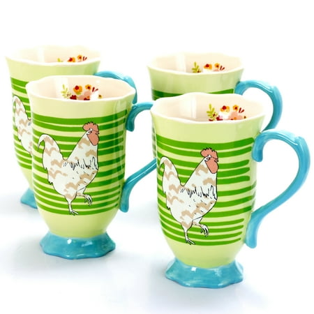 - Life On The Farm 14 oz Footed Tea Cup, Green Rooster Stripes Design Set of 4