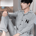 thumbnail image 5 of Conjunto de pijama de manga larga 100% algodón para hombre, cárdigan holgado de otoño/invierno, adecuado para hombres mayores de mediana edad, 5 of 5