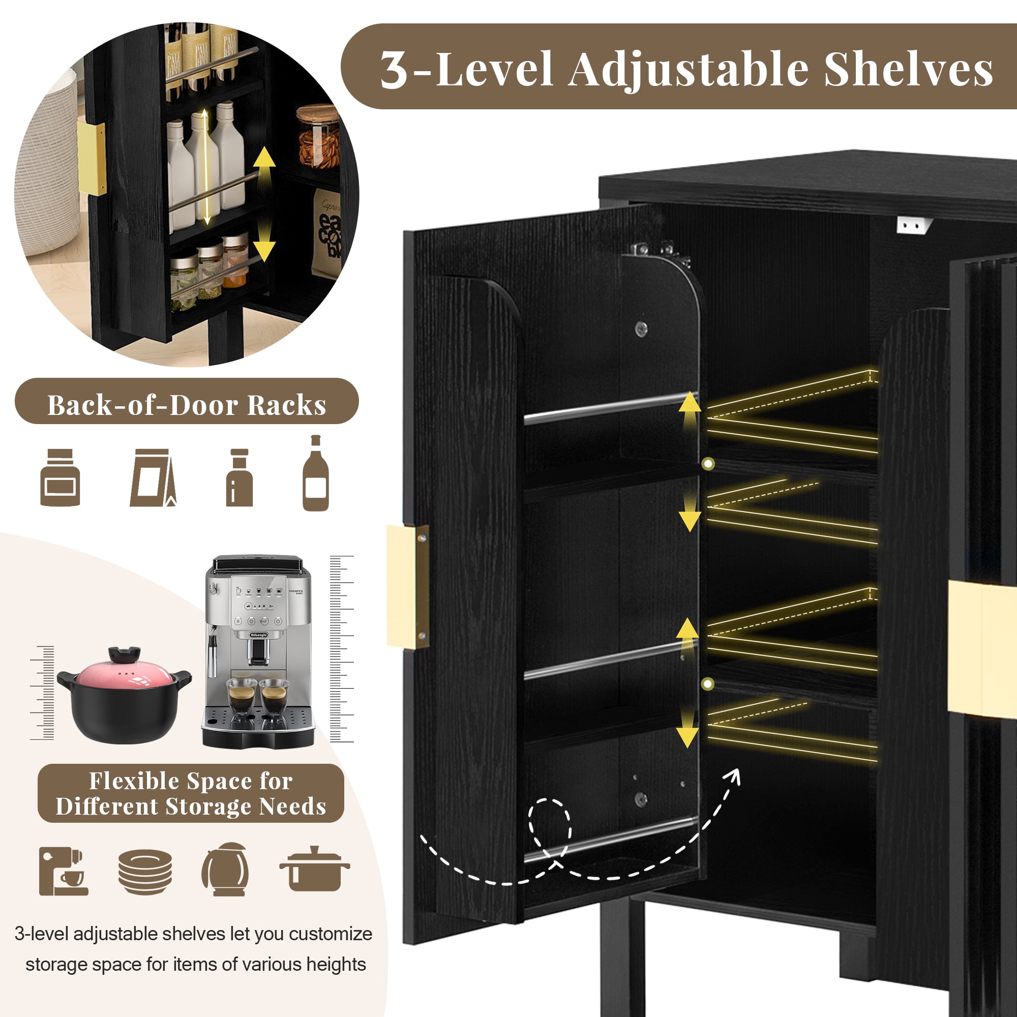Storage Cabinet with 4 Doors, Modern Sideboard with Back-of-Door Racks & Side Hooks, Adjustable Shelves, 57.5" x 15.7" x 35.2", Black