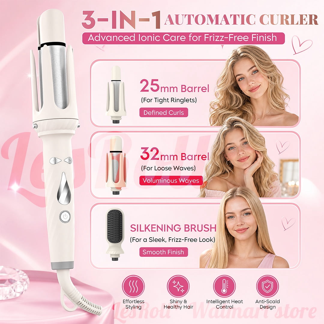 3-in-1 Curling Iron Set with 1” & 1.25” Curling Wands and Straightening Brush – Affordable Hair Styling Gift for Women