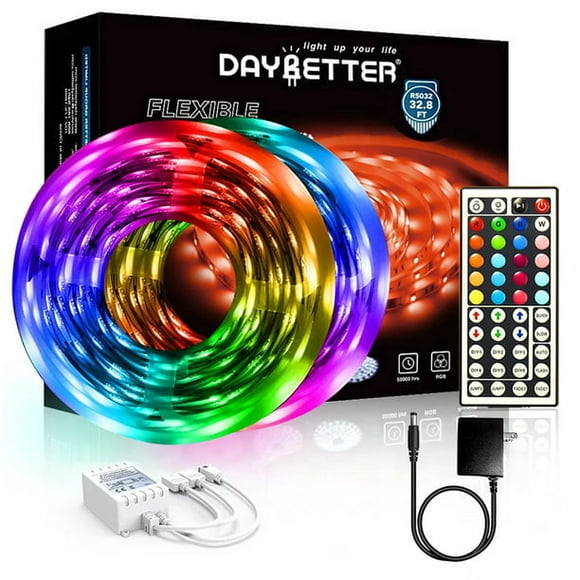DAYBETTER LED Strip Light 32.8ft 5050RGB Color Changing,with 44 Key Remote and 12V Power Supply,for Bedroom,Kitchen,Bar,Party,Room Decor(2 Rolls of 16.4ft)