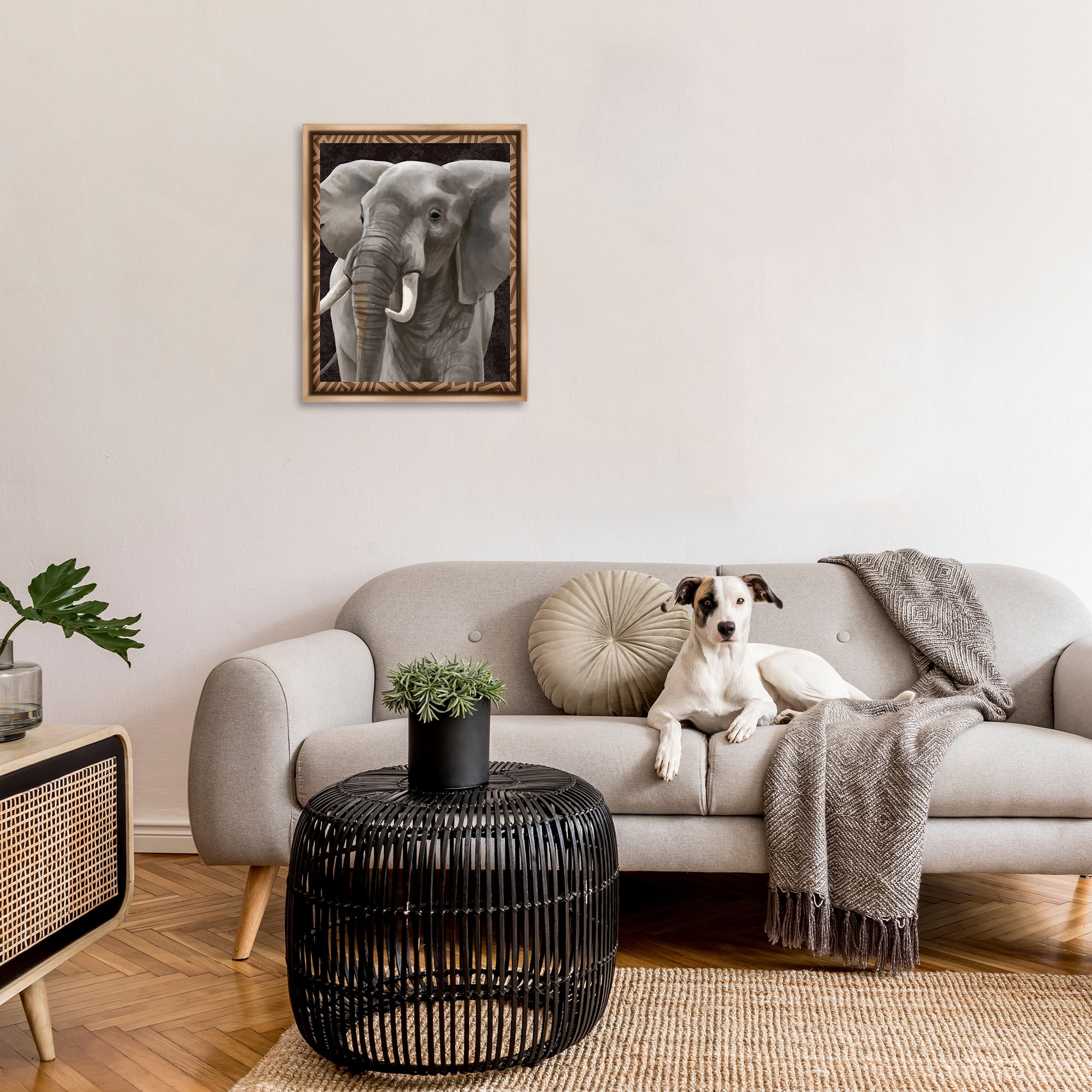 Stupell Industries Elephant with Geometric Border Animals & Insects Painting Brown Floater Framed Canvas Art Print Wall Art, 25 x 31
