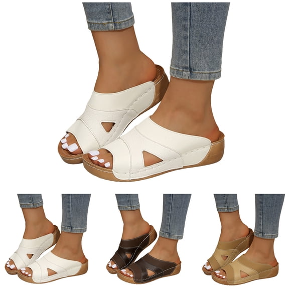 Pandaie Womens Orthopedic Wedge Sandals 2026 Leather Dressy Summer Beach Vacation Slip on Slides with Arch Support Comfortable Walking Shoes Coffee 6