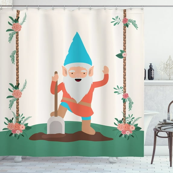 Ambesonne Gnome Shower Curtain, Funny Character in the Garden, 69"Wx70"L, Coral Jade Green
