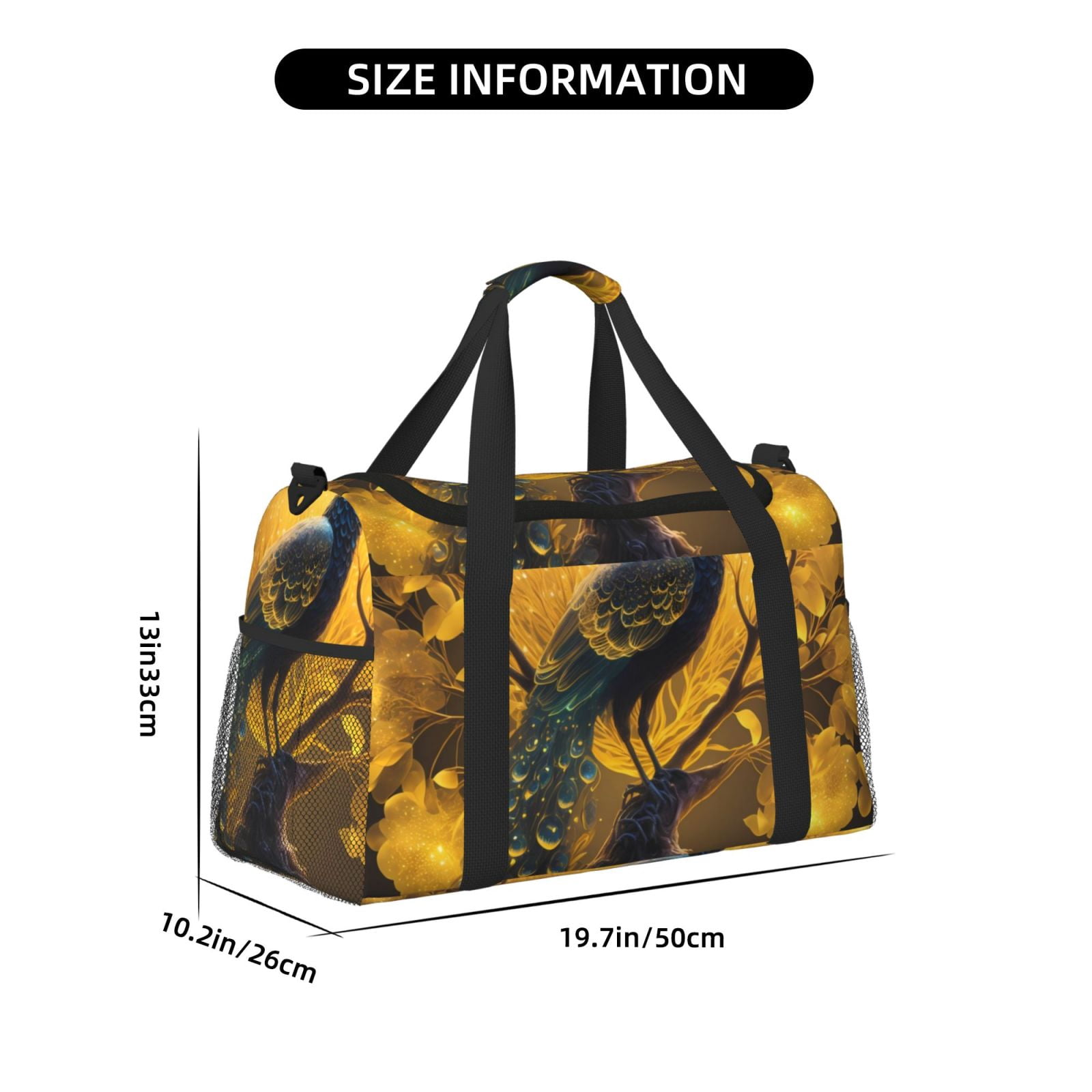 Fuzoiu Elegant Gold Leaf Peacock Print Travel Duffle Bag,Carry On Tote Bags,Duffel Bag,Sport Gym Bag, Hospital Bag for Labor and Delivery, Overnight Bag,Luggage Bag