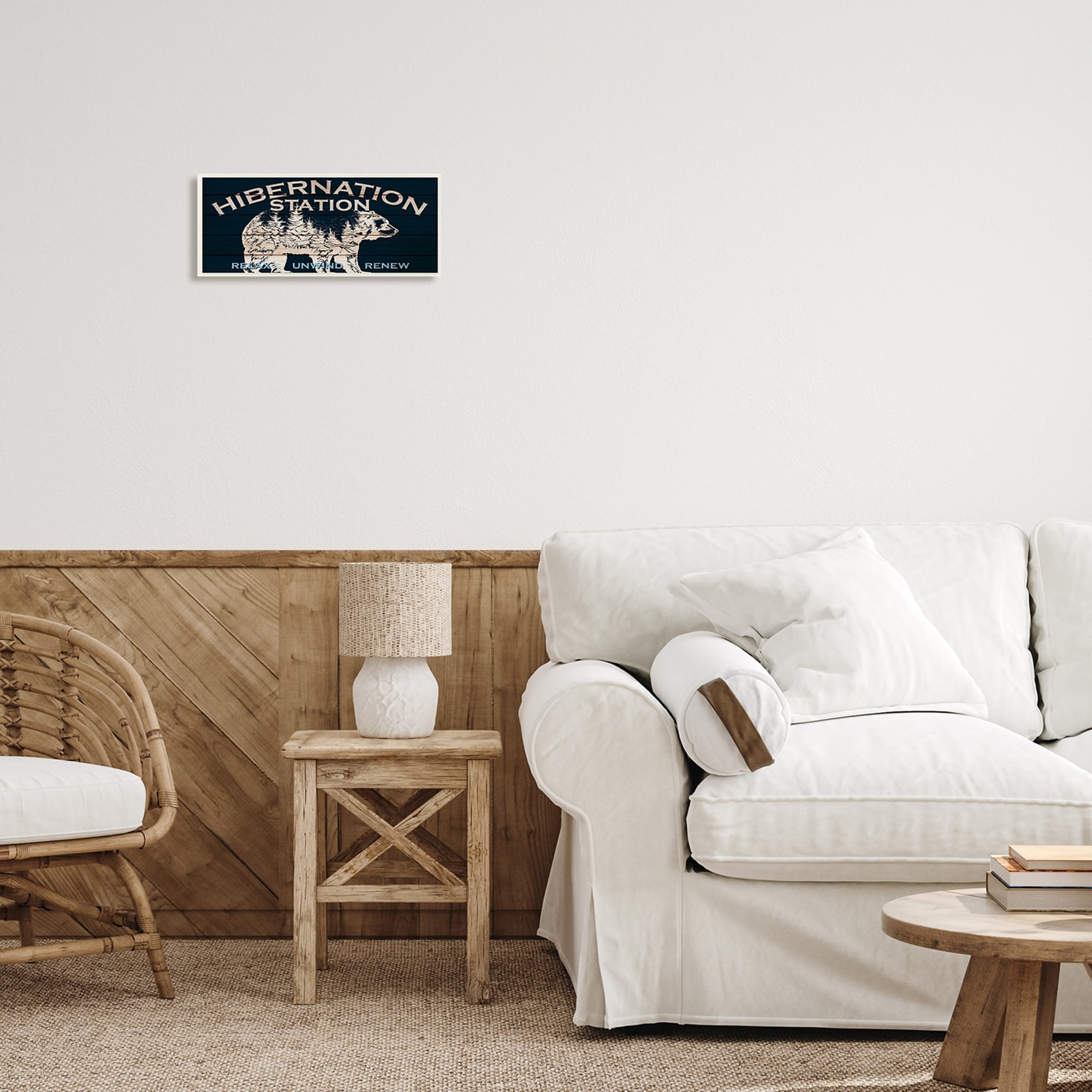Stupell Industries Hibernation Station Sign Wilderness Bear Trees Silhouette Wood Wall Art, 17 x 7, Design by Kim Allen