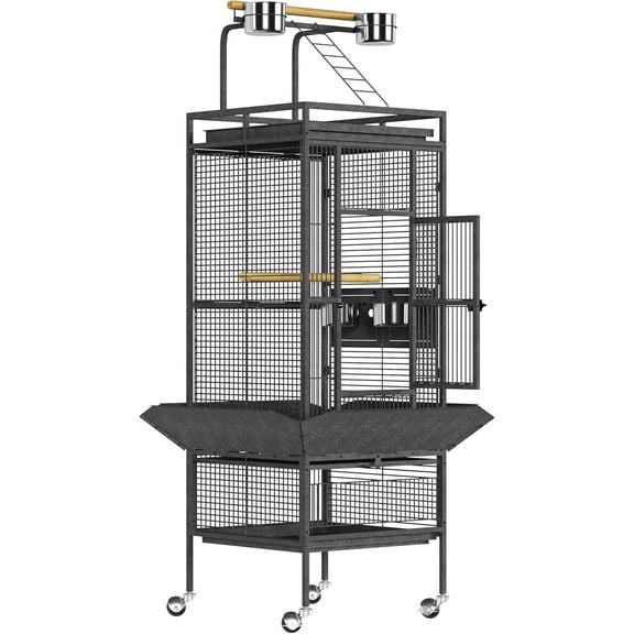 61" Heavy Duty Bird Cage, Flight Cage W/Play Top, Rolling Stand & Bowls for Parrots