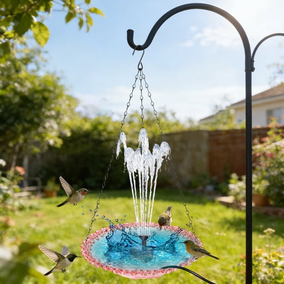 Solar Cascade Hanging Bird Bath Fountain, Cascading Water Feature with Solar Pump & Glass Bowl, Large Birdbath for Hummingbirds, Yard, Garden Decoration (Pink)