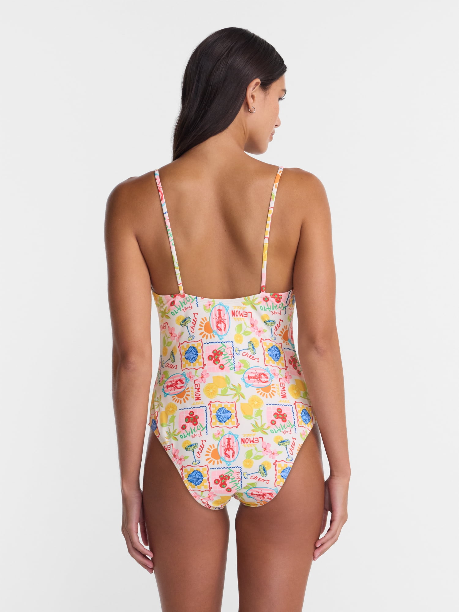 No Boundaries Tie Front Print One Piece Swimsuit, Women's XXS-XXL