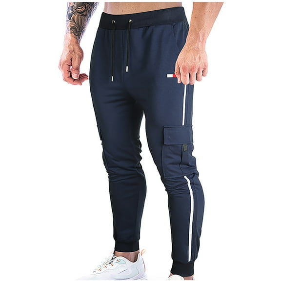 YWDJ Sweatpants for Men Jogger Men Striped Belt Placket Zipper Decoration Personality Small Foot Pocket Casual Pants Navy XS