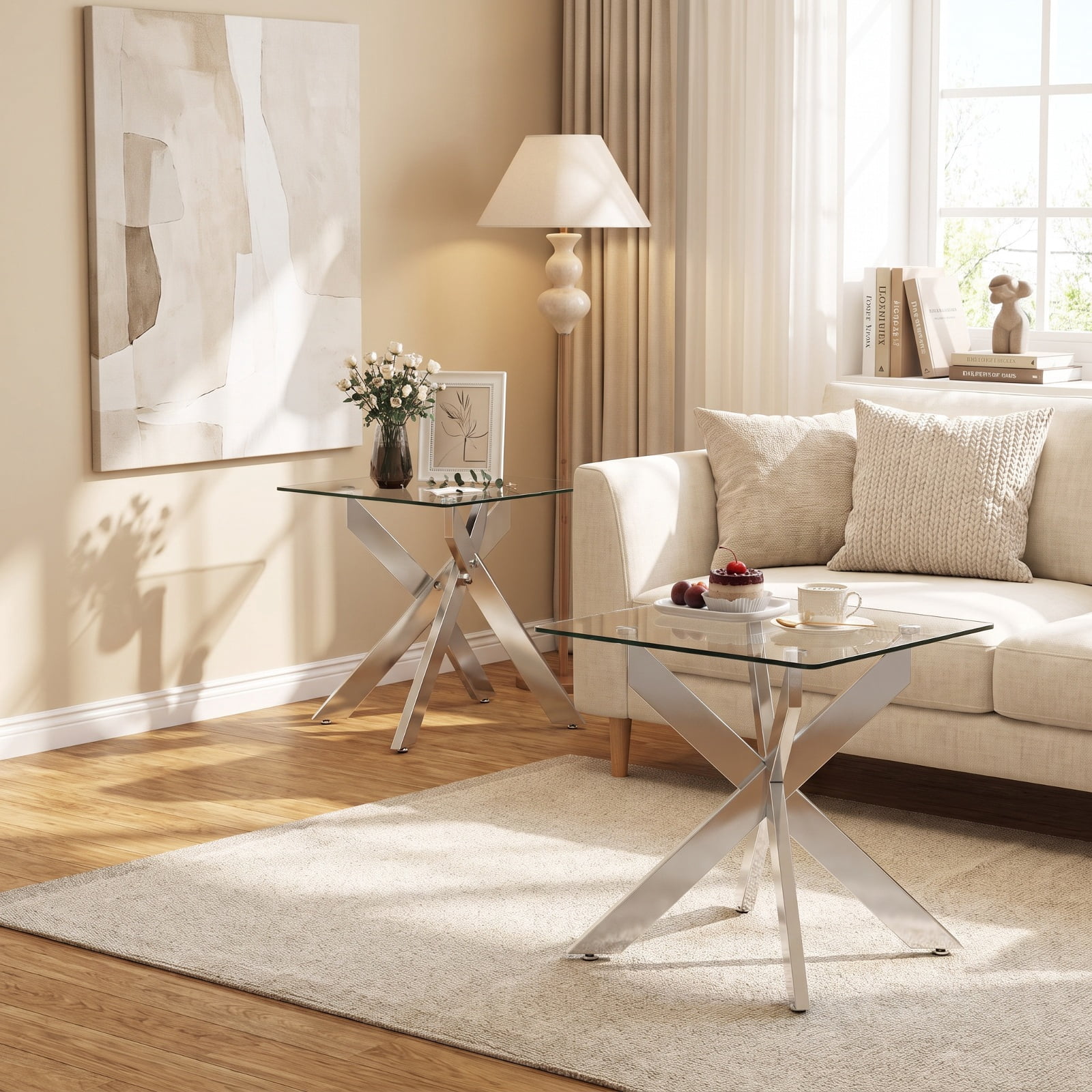 Furnibear Glass Side Table Square End Table with Tempered Glass Top and Metal X Base for Living Room Bedroom and Sofa Side, Silver