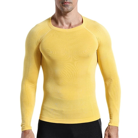 ZCFZJW Mens Athletic Long Sleeve Shirts Fall Winter Warm Midweight Thermal Running Shirt Crewneck Moisture Wicking Sport Baselayer Tops Yellow XXL