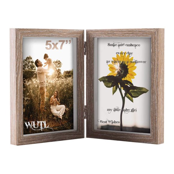 Marcos de fotos de 5 x 7 pulgadas con doble bisagra, MDF, vetas de madera, caja para sombras con frente de vidrio, soporte vertical sobre mesa