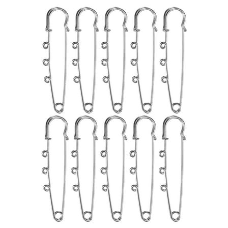 Uxcell 10 Pack Large Safety Pins, Brooch Pins with 3 Loops for DIY 2.56", Silver Tone