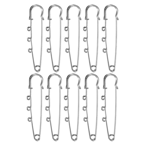 Uxcell 10 Pack Large Safety Pins, Brooch Pins with 3 Loops for DIY 2.56", Silver Tone