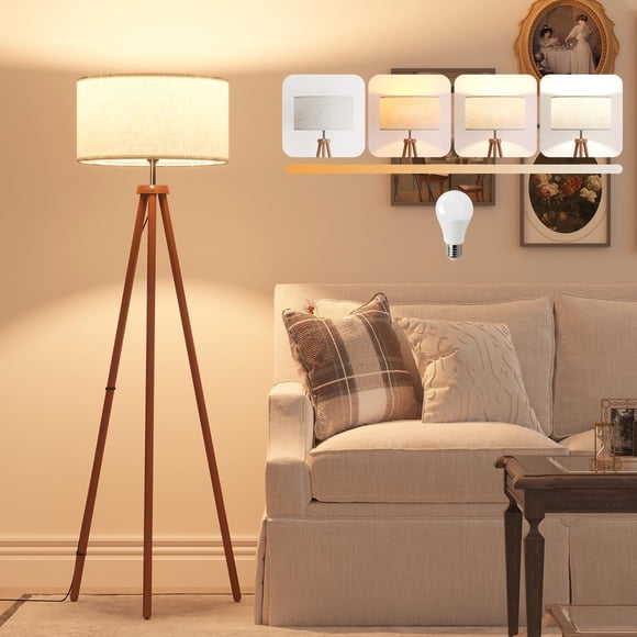 LiteHistory Lampadaires sur Trépied en Bois pour Salon, Chambre et Bureau, Lampe sur Pied avec Abat-Jour en Lin Beige, Ampoule Trois Couleurs 12 W Incluse, Lampe à Tirer