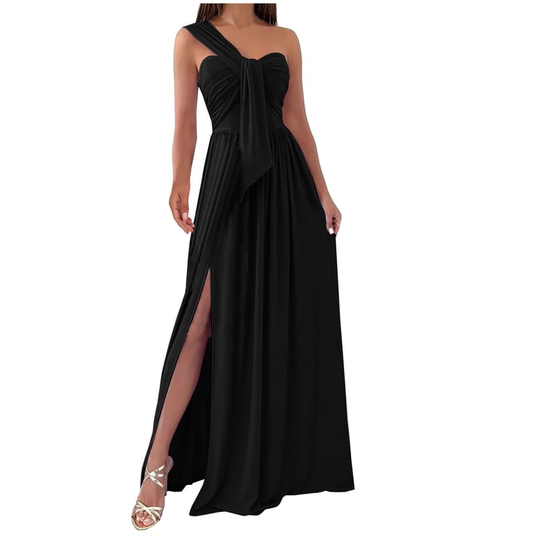 Wycnly Womens Dresses Party Prom Sexy Empire Waist Pleated Swing Slit off Shouder Dresses Fashion Solid V-Neck Sleeveless Maxi Summer Dress Black s