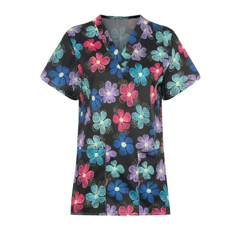 

Nurses Scrubs for Women Floral Print Scrub Top Short Sleeve V Neck Medical Scrub Shirts T Shirts with Pockets