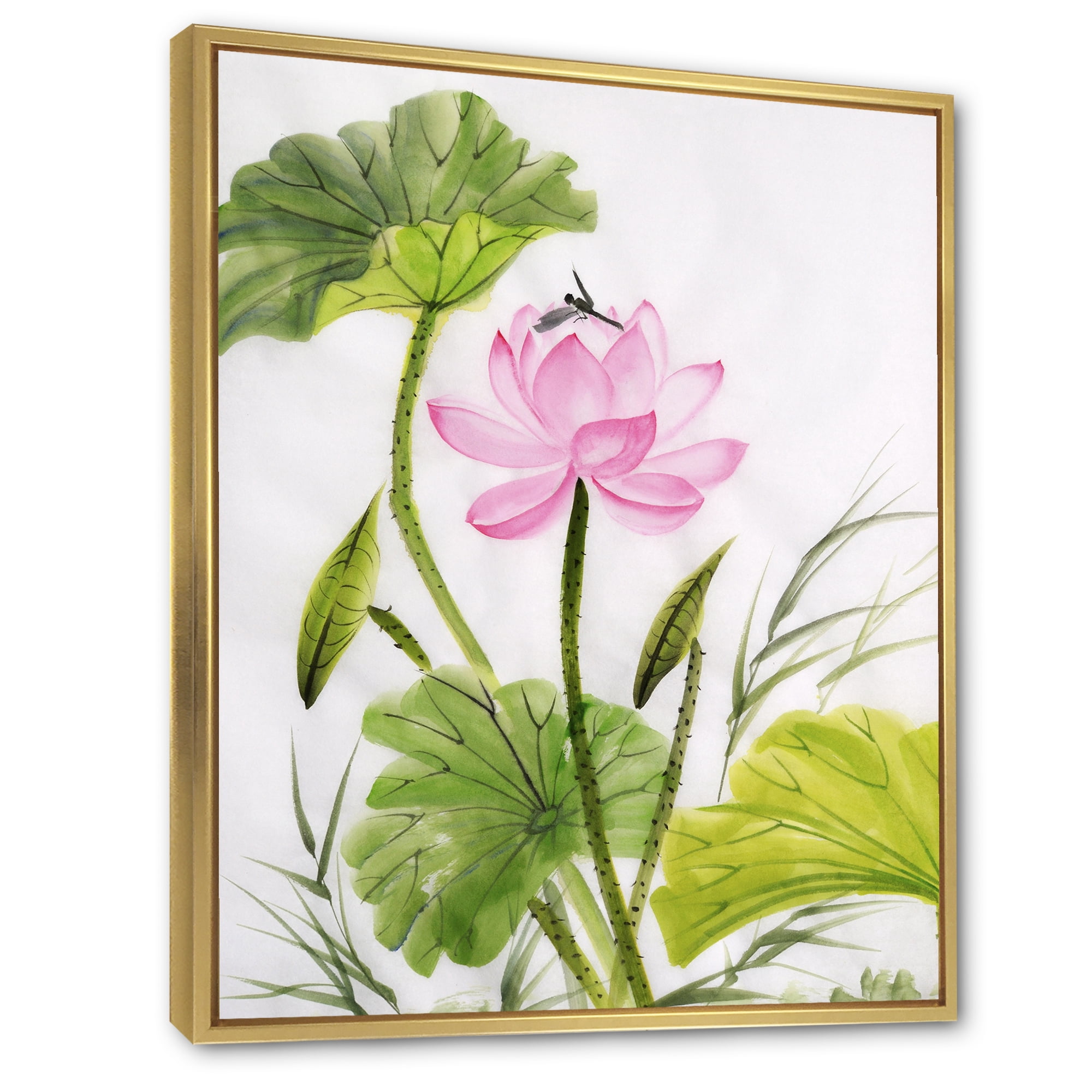 Designart 'Single Vintage Pink Lotus Flower With Green Leaves' Traditional Framed Canvas Wall Art Print