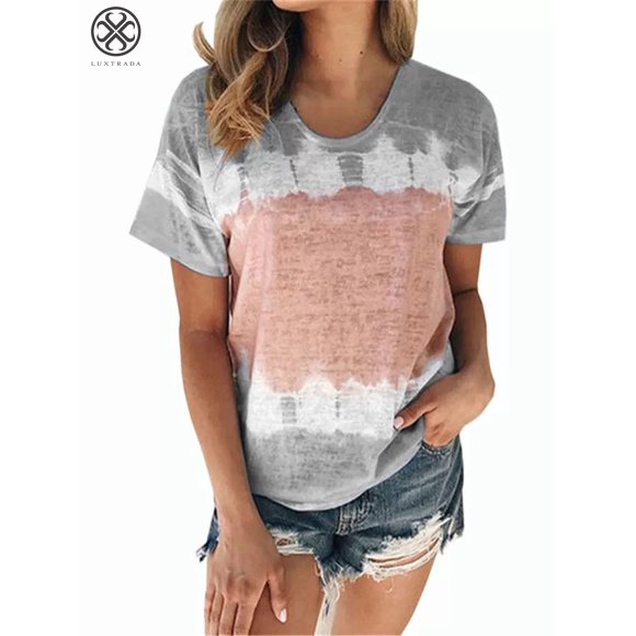 Luxtrada - Camisetas de verano para mujer, con estampado degradado, camisetas informales holgadas de manga corta y cuello redondo (gris, L)