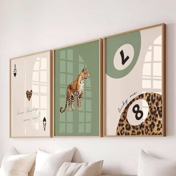 Sage Green Leopard Cheetah Set Of 3 How Lucky Are We Lucky 8 Ball Cheetah Posters Coquette Room Decor Maximalist Dorm, Modern Wall Decor Set 3 Prints, Poster Only