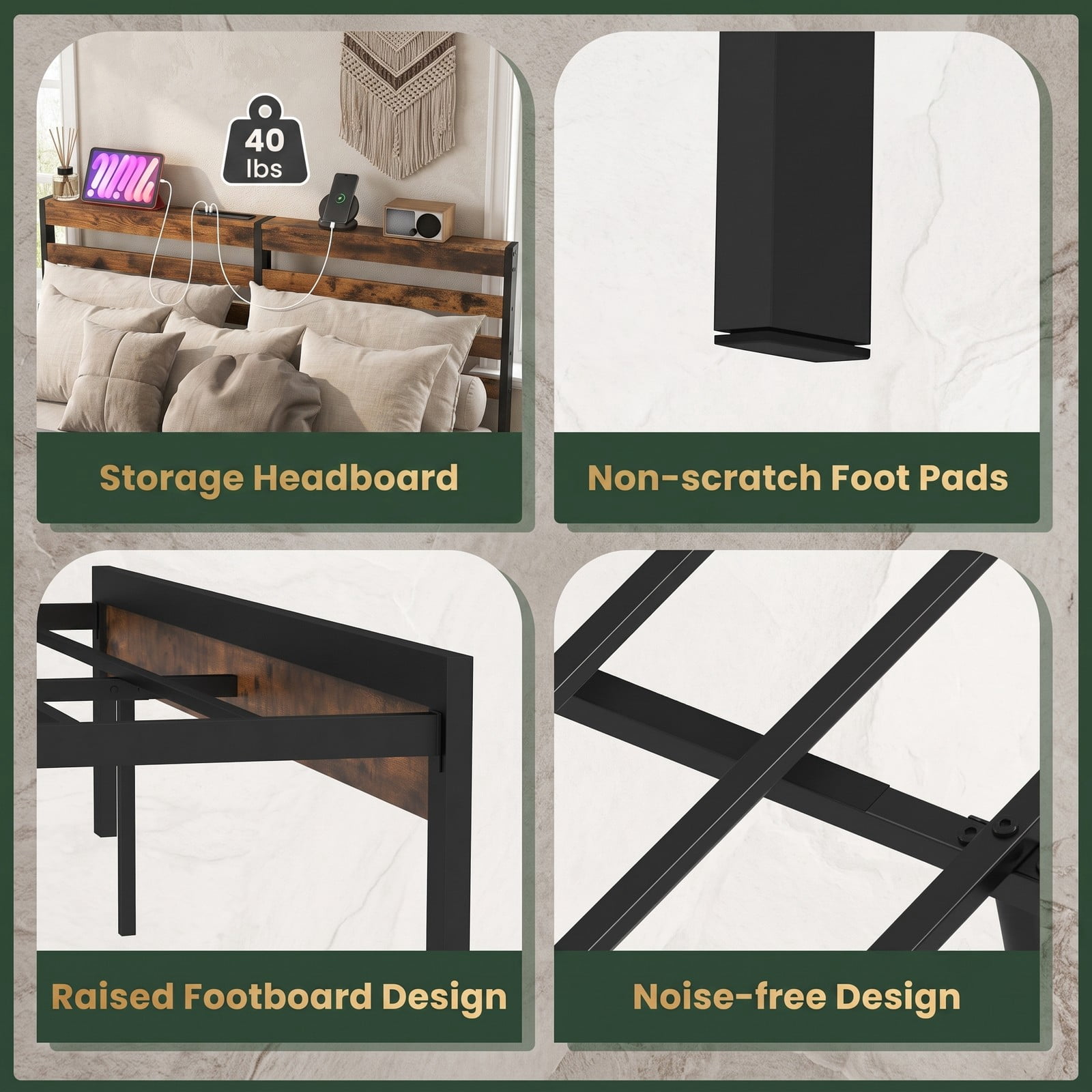 Furnibear Queen Bed Frame with Storage, Metal Platform Bed with Storage Headboard and Charging Station, Rustic Brown