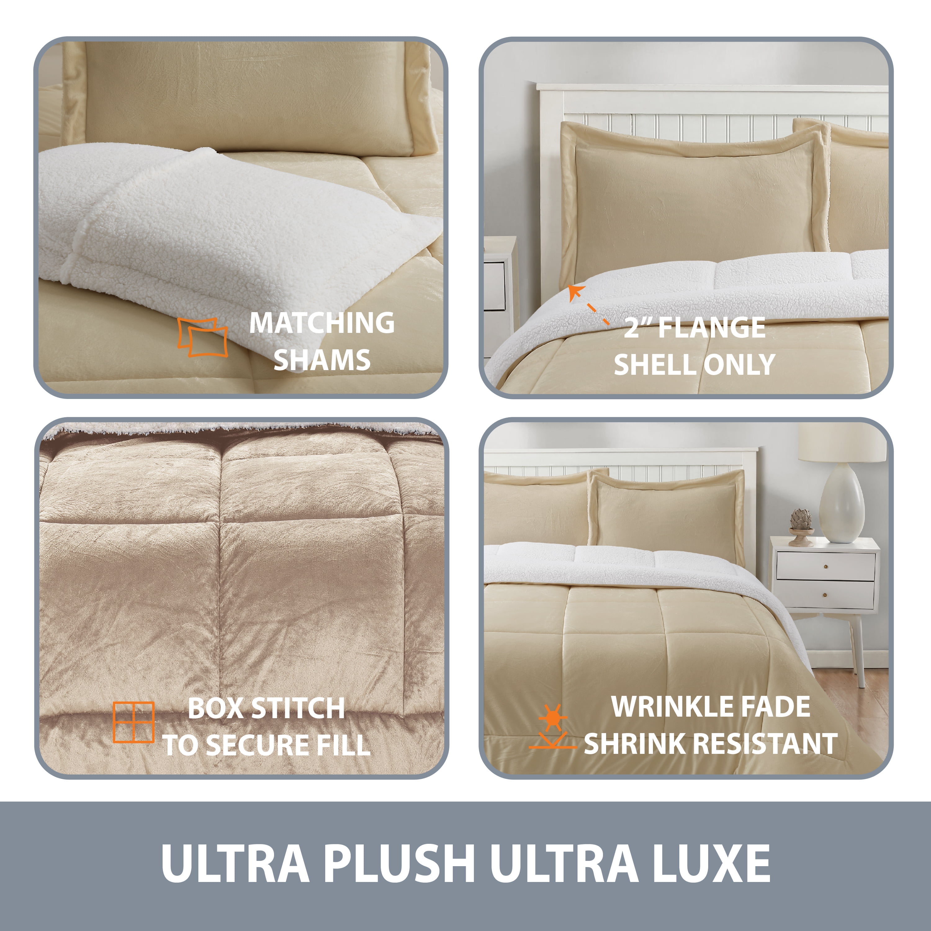 Swift Home 3PC Reversible Winter Plush Sherpa Faux Micromink Comforter Set, Camel, Queen