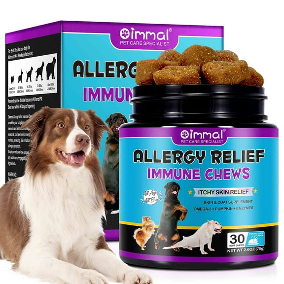 Oimmal Dog Allergy Relief Immune Support, Omega 3 Fish Oil Pumpkin Enzymes, Coats Soft & Shiny (30 Soft Chews)
