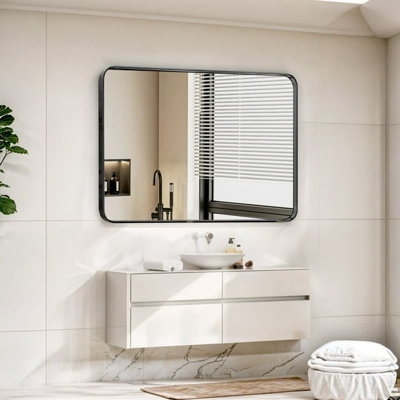 Atilioo Large Black Metal Framed Bathroom Mirror 22x30 Inch, Vanity Rounded Rectangular Mirrors for Wall Mounted, HD Reflection Mirror for Restroom, Farmhouse, Horizontally or Vertically