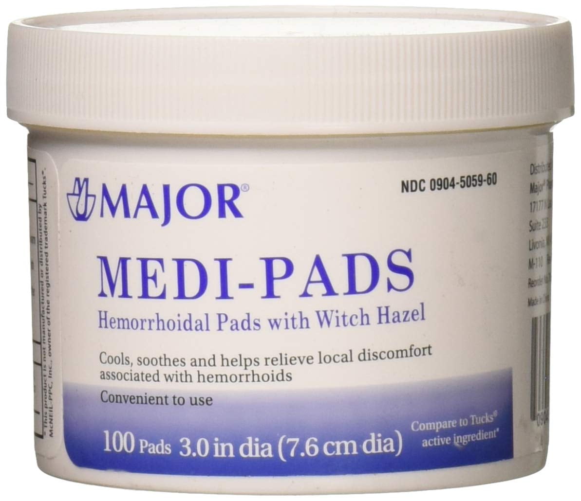 Major MediPads (Tucks Pads) Witch Hazel Hemorrhoidal Pads 100/Jar