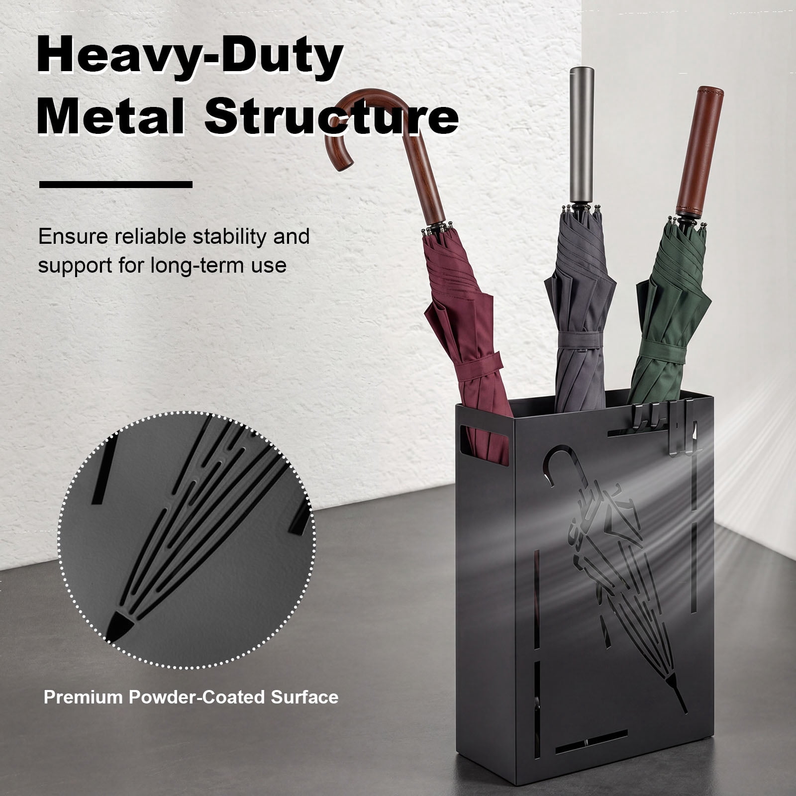 Costway Metal Umbrella Stand with Removable Drip Tray and 4 Hanging Hooks,Cutout Design