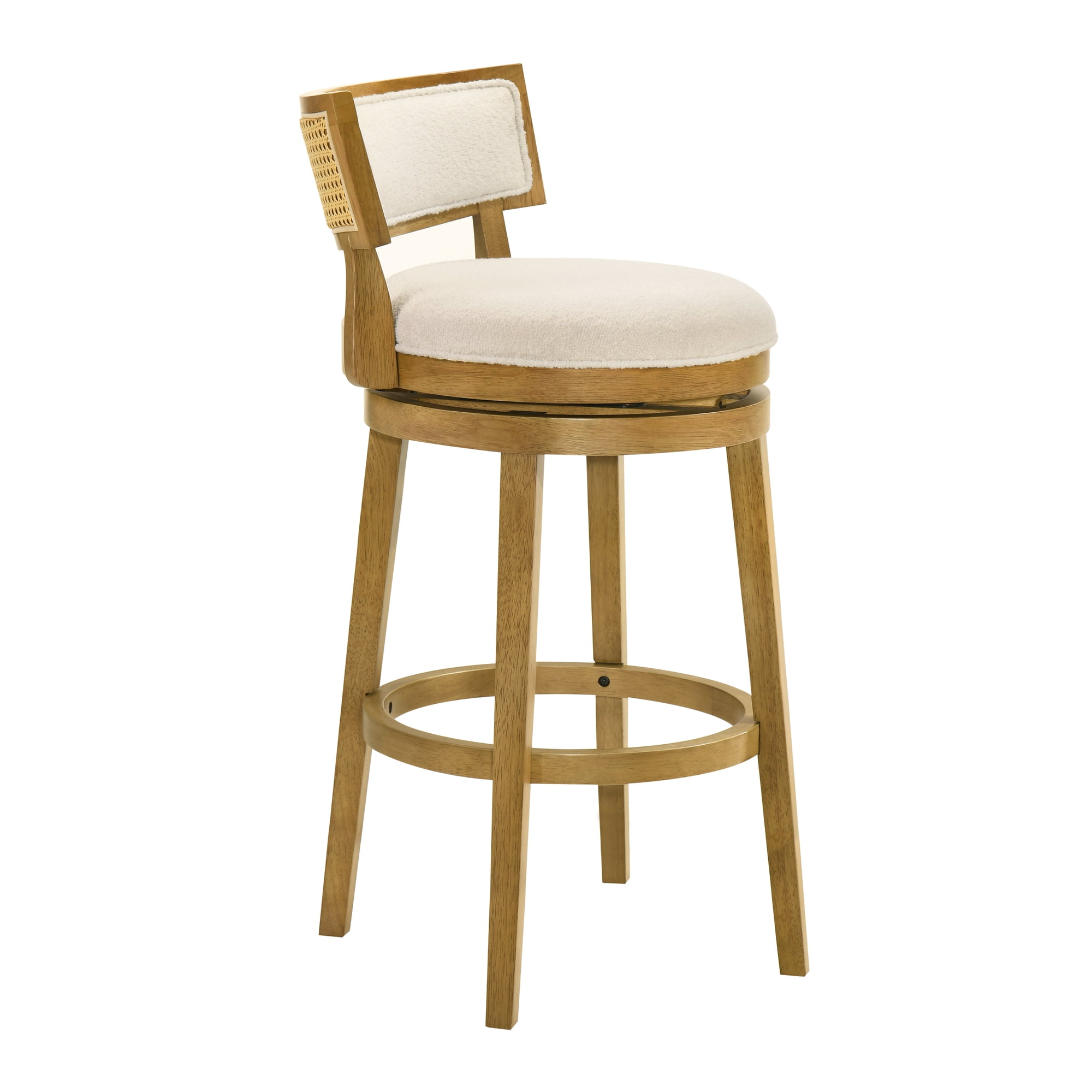 Noely Modern Farmhouse Swivel Wood Bar Height Kitchen Bar Stool in Amber Glow Finish with White Boucle Fabric Upholstered Seat - Set of 2
