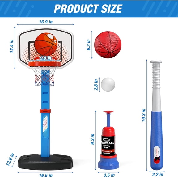2 in 1 Kids Basketball Hoop and T Ball Set - Adjustable Height, Kids Baseball Tee with Automatic Pitching Machine, Indoor Outdoor Sport Toys Gifts for Toddler Boys Girls Age 1-5, Blue