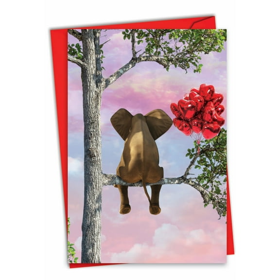 NobleWorks Valentine's Day Greeting Card with 5 x 7 Inch Envelope (1 Card) Tree Animals - Elephant C10323EVDG