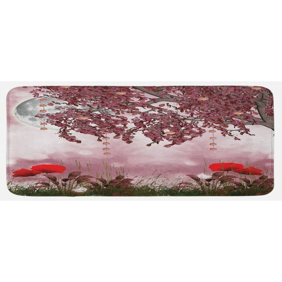 Poppy Flower Kitchen Mat, Dream Garden with Poppies Full Moon Floral Tree Branches Paradise, Plush Decorative Kitchen Mat with Non Slip Backing, 47" X 19", Mauve Red, by Ambesonne