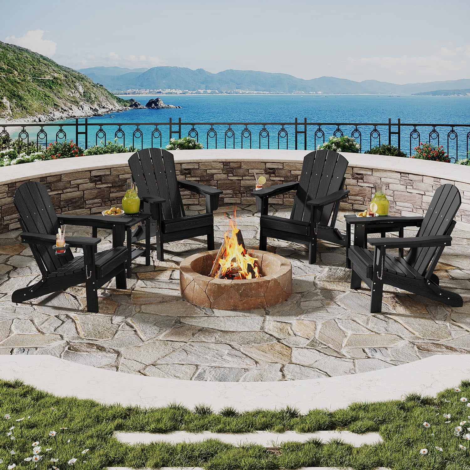 All-Weather HDPE Folding Adirondack Chair – Cup Holder, Wooden Grain Texture, Collapsible & Weather-Resistant, Outdoor Patio Seating for Deck, Porch, Backyard, Lawn, Fire Pit -black 1 piece