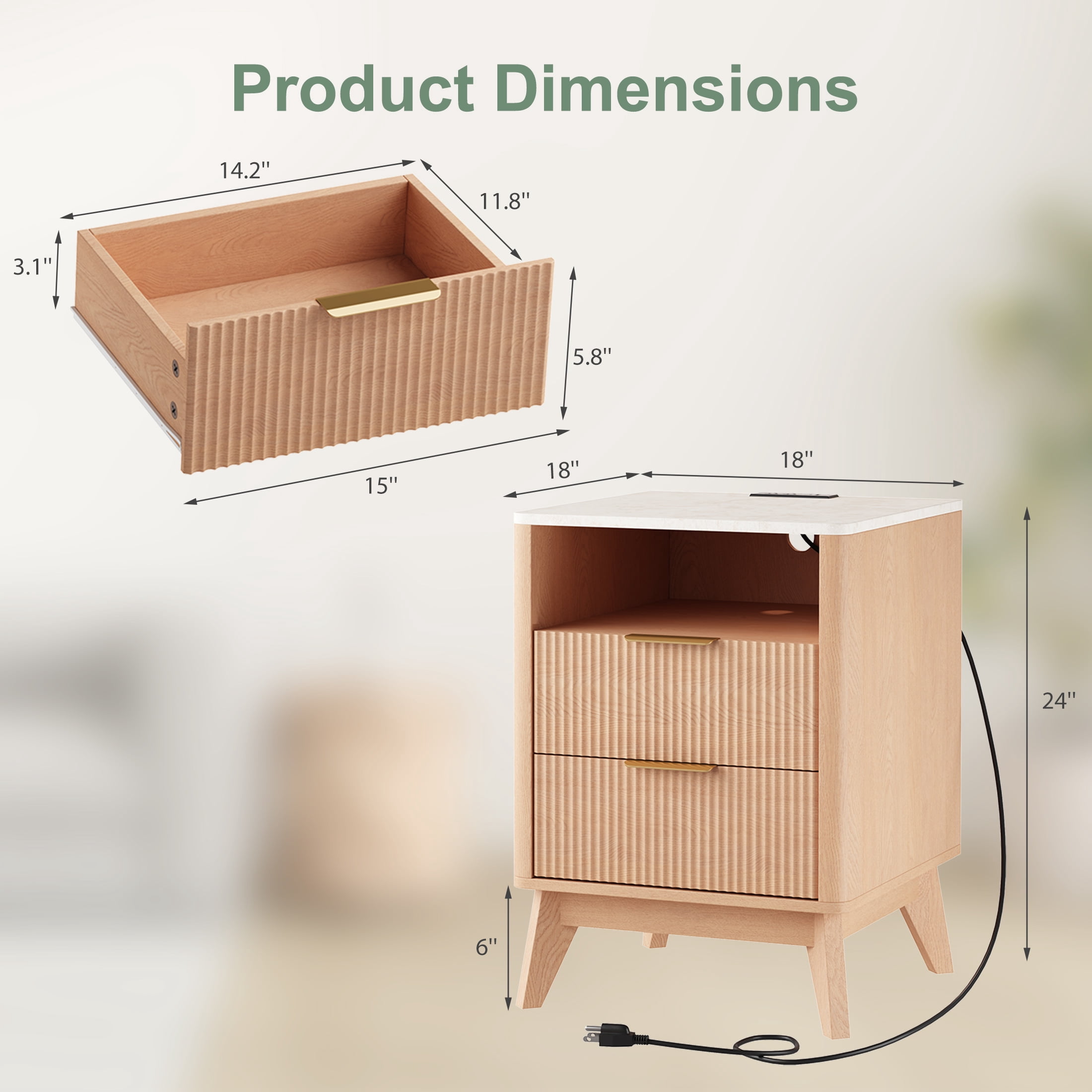 edx Nightstand with Charging Station, Modern Bedside Table, 2 Drawers & Open Shelf, for Bedroom, Office and Small Spaces, Accent Night Stand with Easy Assembly, Natural Wood