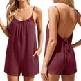 thumbnail image 2 of HAIJIE Linen Rompers for Women Casual Sleeveless Short Overalls Spaghetti Strap Shorts Jumpsuit with Pockets (Brick Red,L), 2 of 6