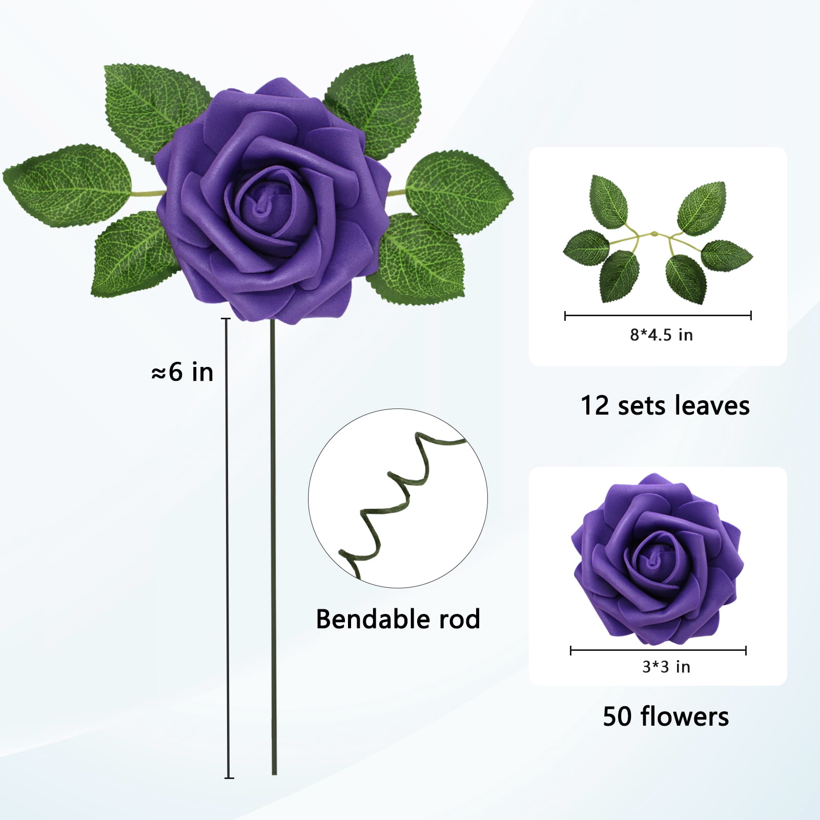 50 PCS Dark Purple Artificial Flowers Real Looking Faux Foam Fake Roses with Stems for Wedding Decoration Bridal Shower Centerpieces Arrangements Party Tables Decor
