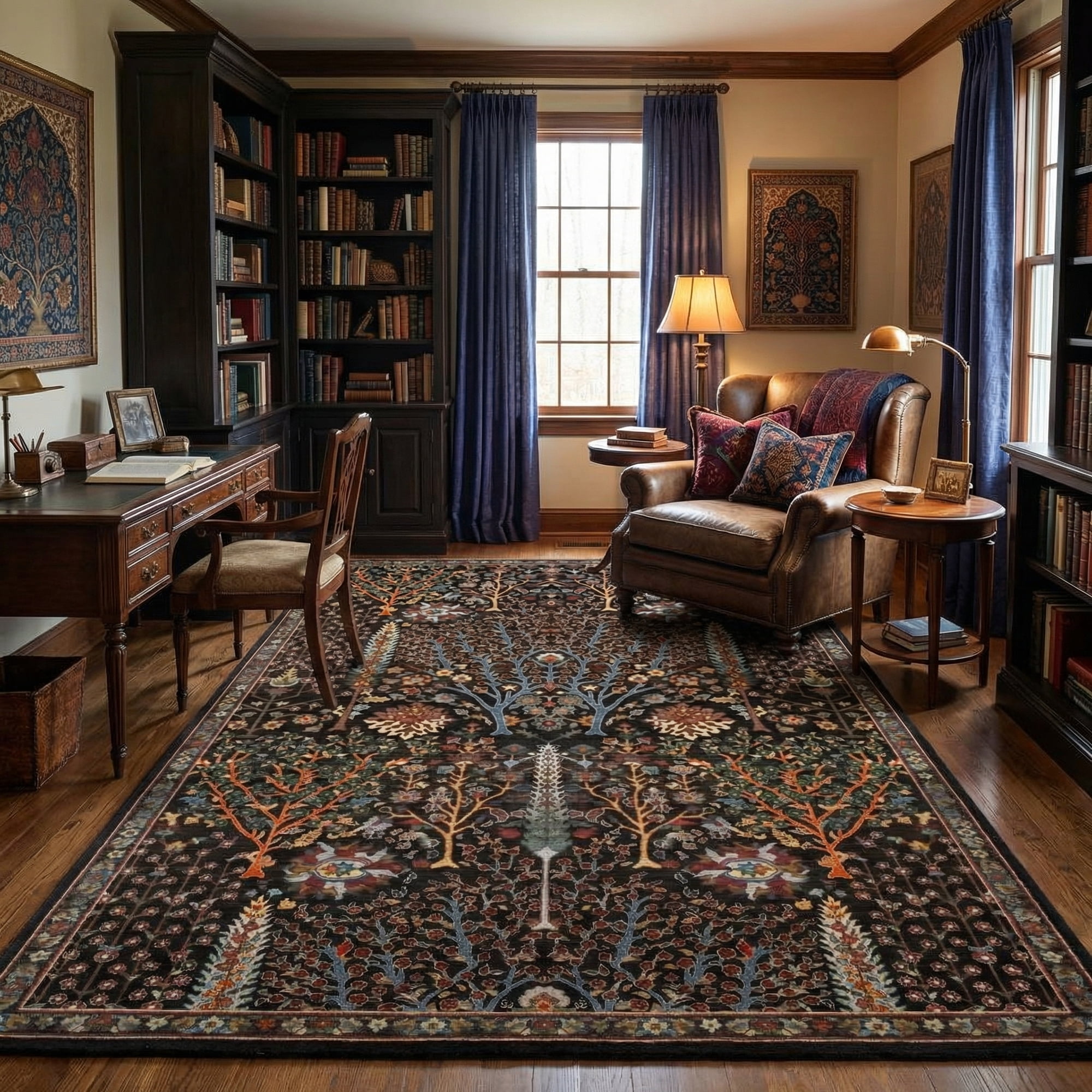 Washable Oriental Rug, 9x12 Black Boho Botanical Floral Vintage Carpet, Soft Large Indoor Rug for Living Room, Bedroom, Office, Playroom