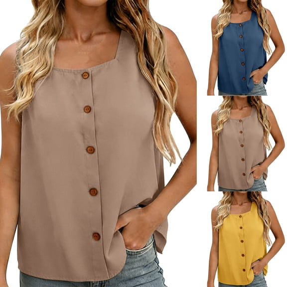 Endives Womens Cotton Linen Tank Top Summer Button Decorated Vest Versatile Comfortable Loose Sleeveless T Shirt Pullover Top Yellow
