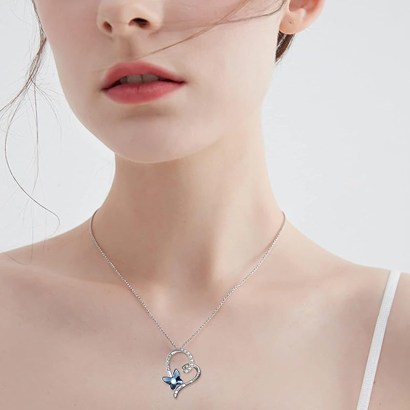 Granddaughter/Grandma/Nana/Daughter/Sister Necklace Gifts for Women 925 Sterling Silver with Blue Butterfly Crystal Heart Necklace, Valentine's Gifts for women