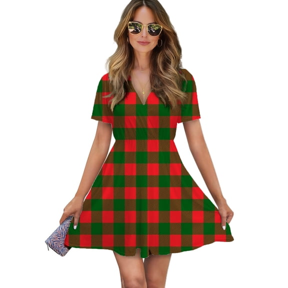 Christmas Red And Green Plaid Women Dress V-Neck Short Sleeve Flowy Swing Party Midi Dress