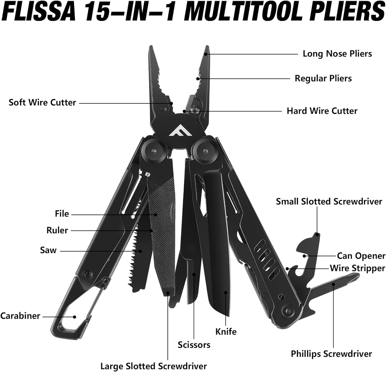 FLISSA 15-in-1 Portable Multitool with Pliers, Pocket Knife, Safety Locking System, Belt Clip and Sheath, for Camping, Survival, Outdoors