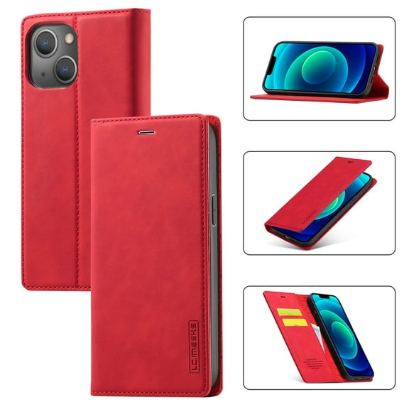 Allytech PU Leather Slim Wallet Case for iPhone 15, Kickstand Magnetic Closure Cover with Card Slots & Cash Pocket, Full Body Protection Soft TPU Shockproof Case for Women Men, Red