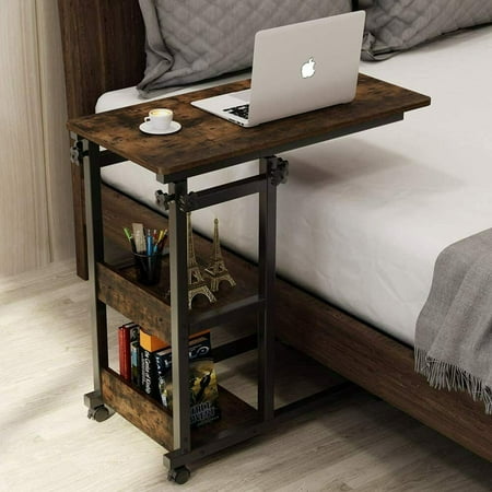Snack Side Table, Mobile End Table Height Adjustable, C Shaped TV Tray with Storage Shelves for Sofa Couch - Retro Brown